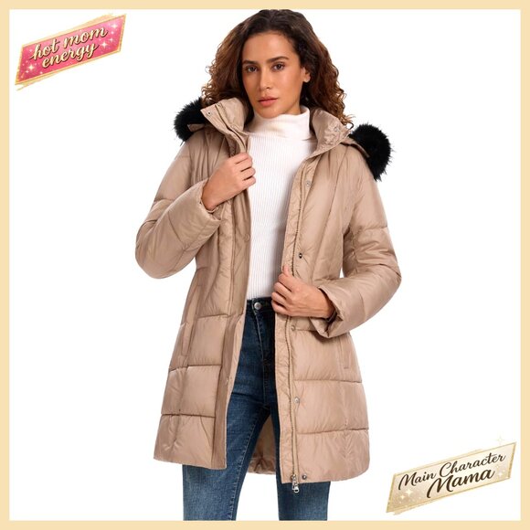 Jackets & Blazers - Women's Long Down Puffer Coat with Detachable Faux Fur Hood, Winter Parka